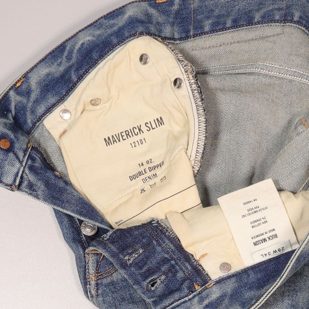 Buck Mason Maverick Slim Jeans Mens 28x34 Double Dipped 14oz Denim Button Fly - Picture 6 of 12